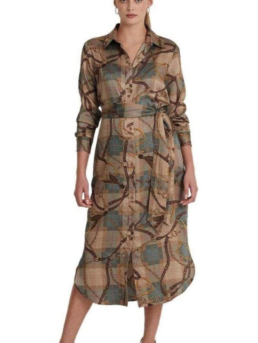 Ralph Lauren Plaid & Chain Print Tie-Waist Shirt Dress - Taupe Multi